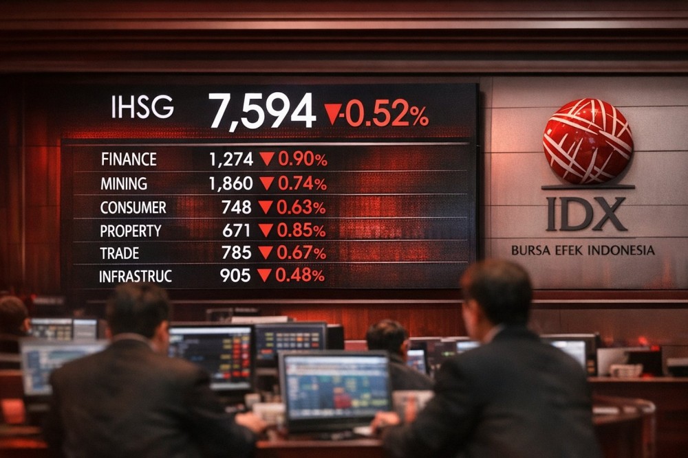 IHSG Melemah 0,52% ke 7.594, Seluruh Sektor Kompak Merah