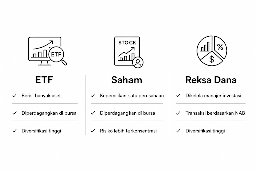 Perbedaan ETF, saham, dan reksa dana.