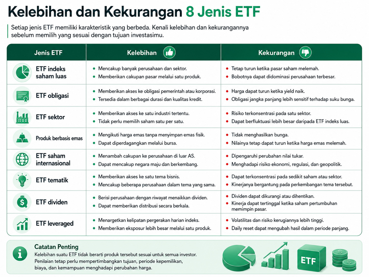 Kelebihan dan kekurangan jenis-jenis ETF.